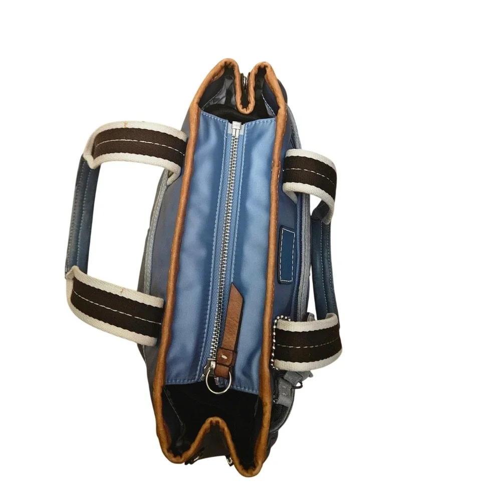 Coach Blue‎ Nylon Leather Trimmed Satchel Handbag Designer Purse - Picture 3 of 8